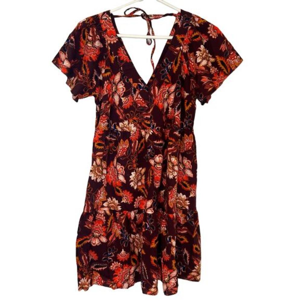 Old Navy V-Neck Tiered Mini Swing Dress Size XS Burgundy‎ Red Orange Floral NWT